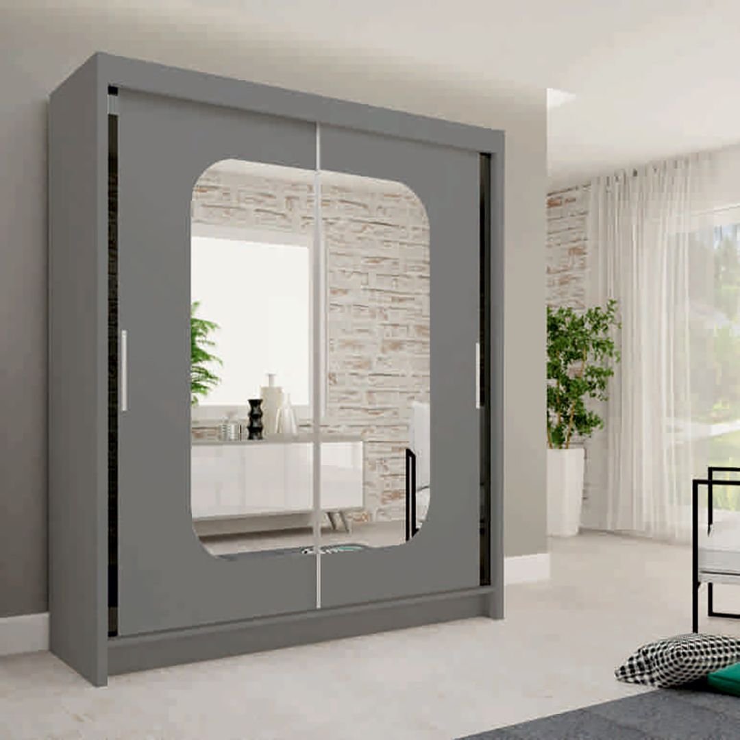 Grey 180cm sliding door wardrobe with two doors, one featuring a mirrored panel.