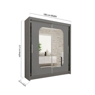 The Sliding Wardrobe - MERICA 2 Door Mirrored Wardrobe Grey - 180cm features a modern gray design with two mirrored sliding doors, measuring 180cm wide, 217cm high, and 62cm deep, offering practical bedroom storage.