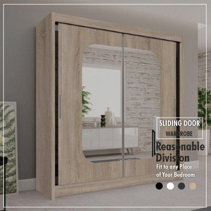 MERICA 2 Door Sliding Mirrored Wardrobe in Oak finish, 180cm wide.