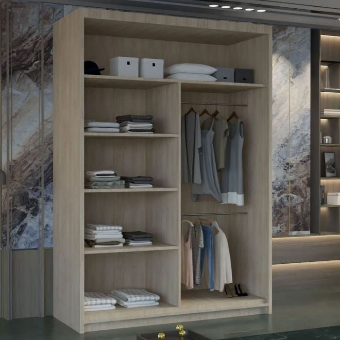 Oak 180cm MERICA 2-door sliding wardrobe with shelves and hanging rails.