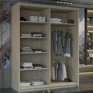 The MERICA 2 Door Mirrored Oak Sliding Wardrobe (180cm) features shelves for folded clothes, storage boxes, and hanging rods for dresses, shirts, and pants—a stylish storage solution for modern bedrooms.