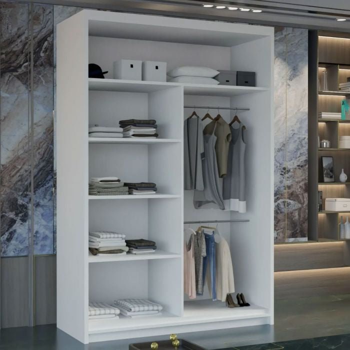 White MERICA 2-door sliding wardrobe interior with shelves on left and hanging rail on right.