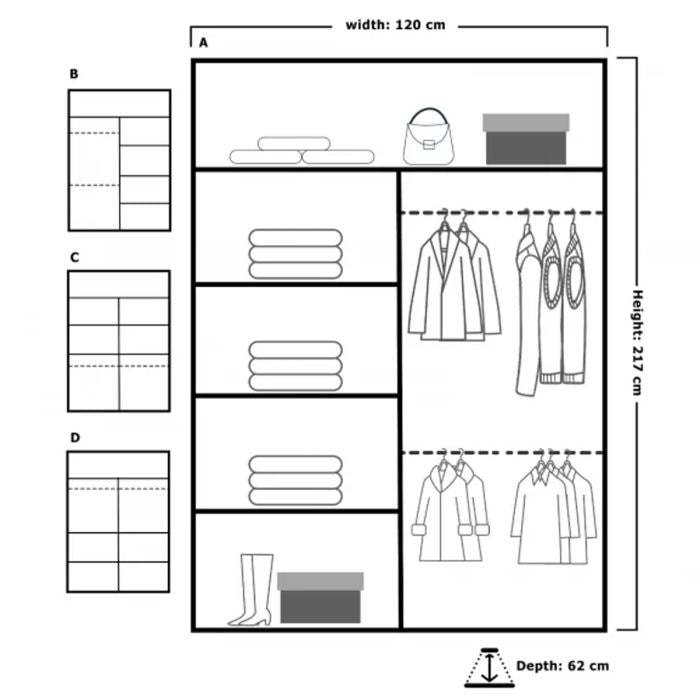 MERICA 120cm wardrobe diagram: 120cm W x 217cm H x 62cm D, internal shelves and hanging rails.