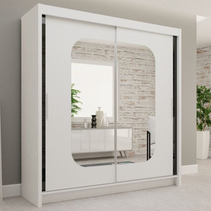White 180cm MERICA 2-door sliding wardrobe with a rounded-edge mirror on one door.