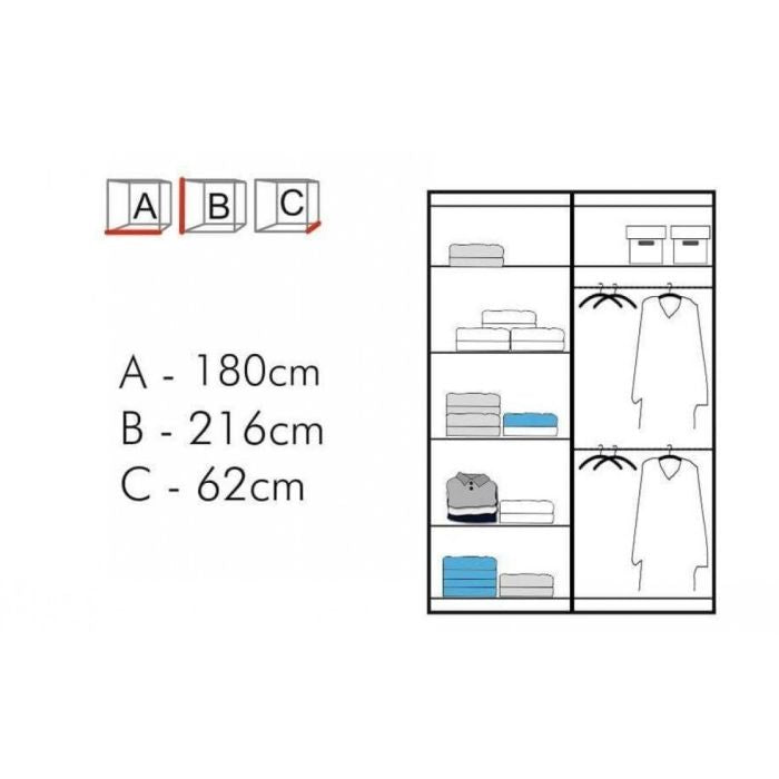 Merica 2 door white sliding wardrobe with mirrored doors and internal storage layout diagram
