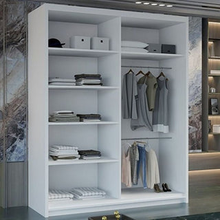 The MERICA 2 Door Mirrored Wardrobe (180cm, White) features shelves for folded clothes, boxes, a hat, and pillow. Two right-side rods organize hanging clothes. Stylish bedroom storage in a sleek sliding wardrobe design.