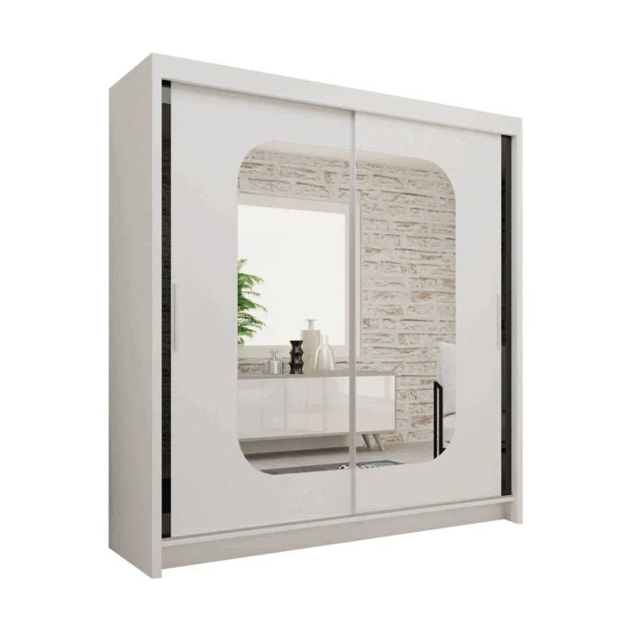 MERICA 180cm white 2 door mirrored sliding wardrobe with rounded edge mirrors