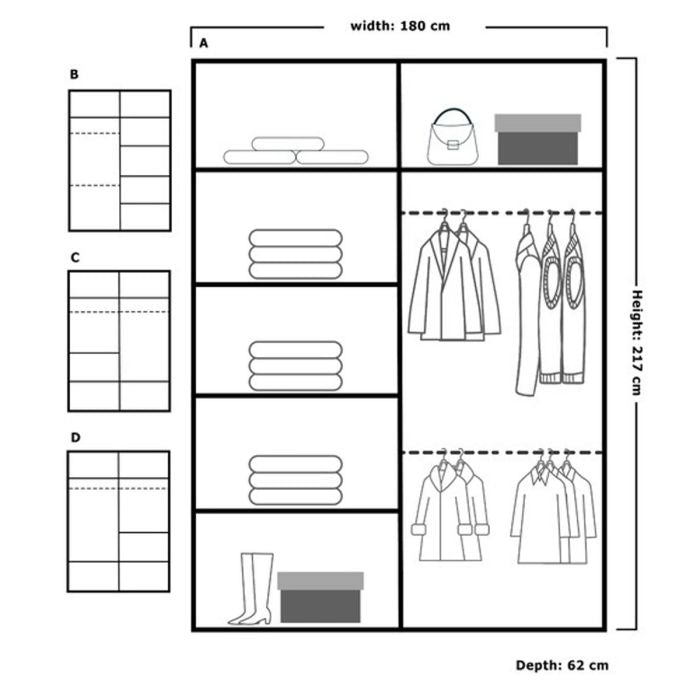 MERICA 180cm white sliding wardrobe dimensions diagram with shelves and hanging rails