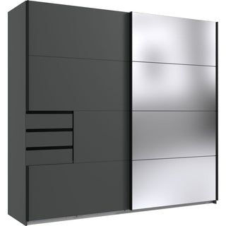 The Sliding Wardrobe - SOGO 2 Door Mirrored Wardrobe Graphite 225cm features a matte dark gray side with built-in drawers and a glossy mirrored silver side, providing sleek and spacious bedroom storage with modern style.