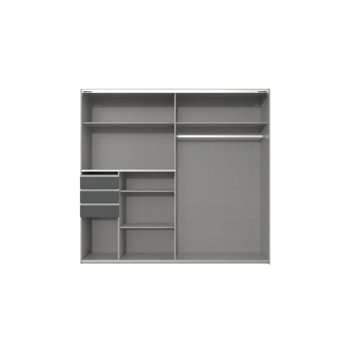 SOGO 2 door graphite sliding wardrobe with mirrored door and internal storage layout