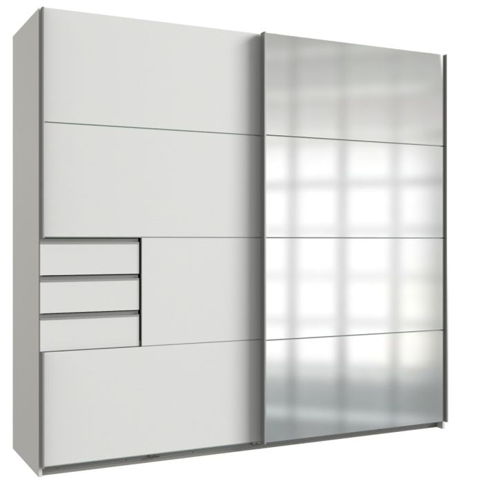 SOGO 2 door white sliding wardrobe with a mirrored panel and visible drawers.