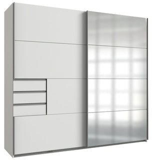 The SOGO 2 Door Mirrored Wardrobe in white (225cm) features a sleek, modern design with a matte finish, multiple drawers and panels on the left, plus a mirrored sliding door on the right for ample bedroom storage.