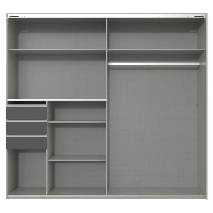 White sliding wardrobe with 2 mirrored doors, showing internal drawers, shelves, and a hanging rail.
