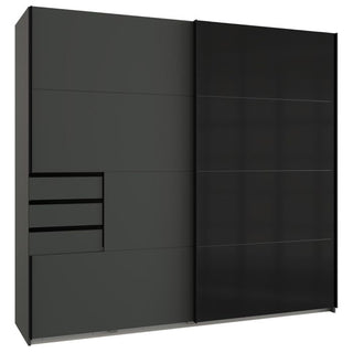 The Sliding Wardrobe - SOGO 2 Door Wardrobe Graphite with Black 225cm is a large, modern storage piece featuring three left-side horizontal drawers and a tall right sliding door, with smooth, handleless surfaces for a minimalist look.