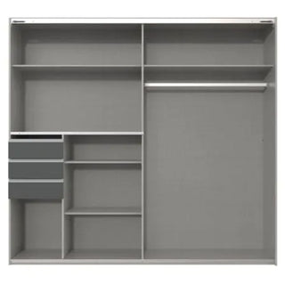 The SOGO 2 Door Sliding Wardrobe in graphite with black (225cm) offers spacious bedroom storage with multiple shelves, three closed drawers on the left, a long hanging rod on the right, and a sleek open design for organized compartments.