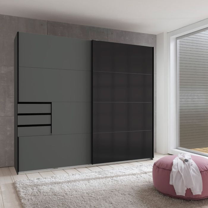 CHOICEWARDROBE SOGO 225cm sliding door wardrobe in black two-tone finish with three visible drawers.