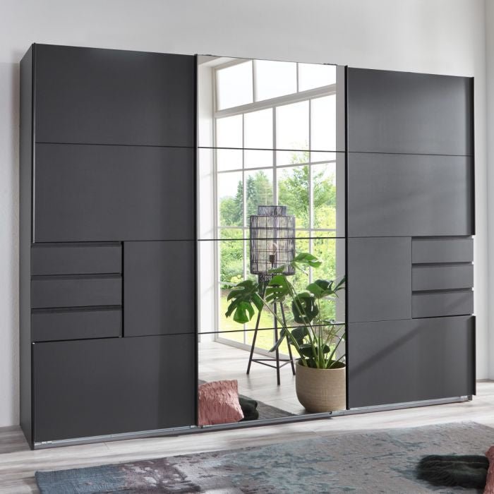 Grey 3-door sliding wardrobe with mirrored doors