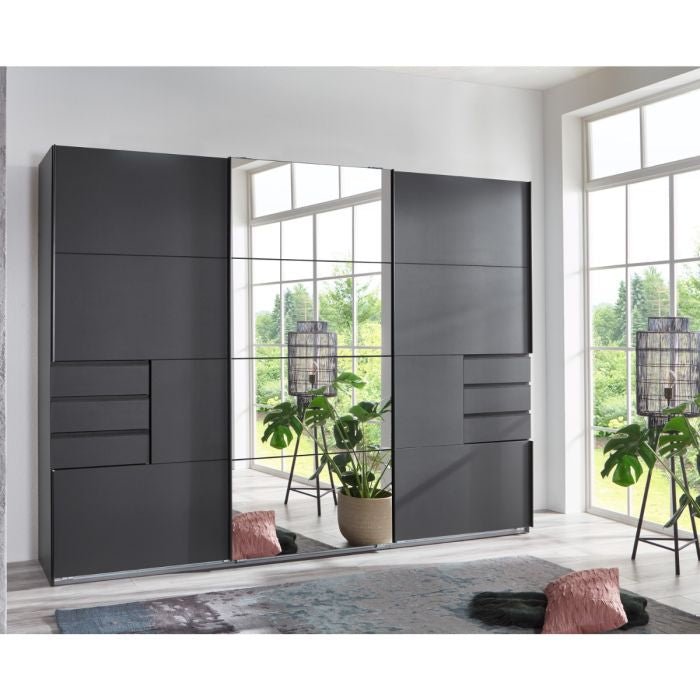Grey SOGO 270cm 3-door sliding wardrobe with geometric panels and mirrored doors.