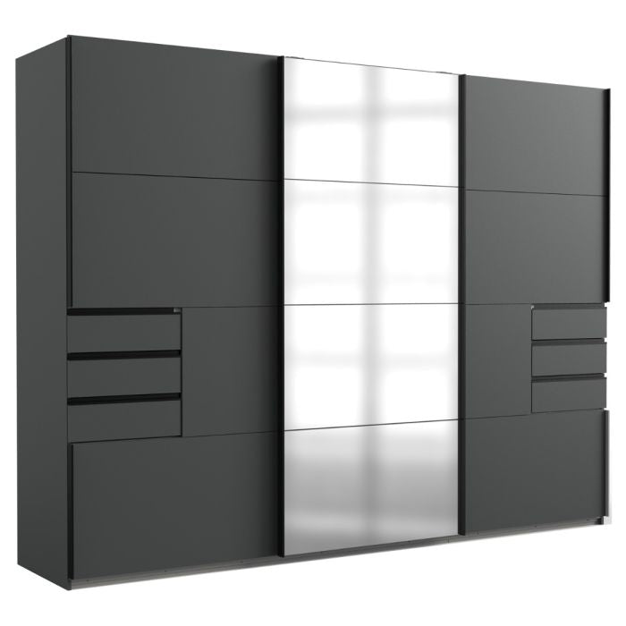 Grey 270cm 3-door sliding wardrobe with central mirrored panels and side drawers.