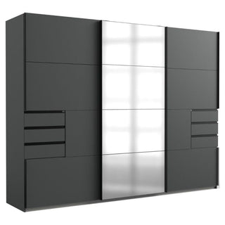 The SOGO 3 Door Mirrored Wardrobe Grey 270cm features a spacious modern design with multiple side drawers and a central sliding mirror door, offering stylish and practical bedroom storage.
