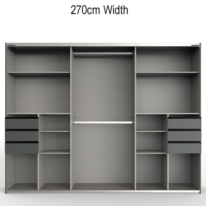 SOGO 270cm grey sliding wardrobe interior with shelves, hanging rails, and drawers.