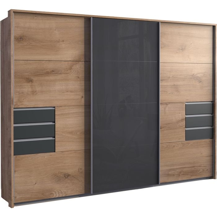 CHOICEWARDROBE SOGO 270cm 3-door sliding wardrobe in Oak finish with dark glass centre panel