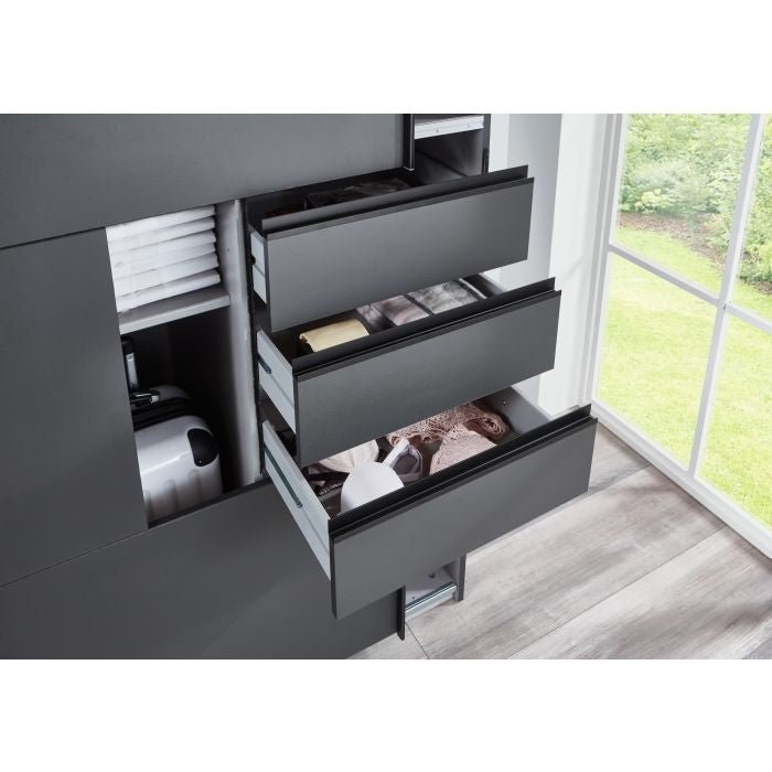 SOGO 3 Door Wardrobe with open drawers revealing contents, dark glass centre panel