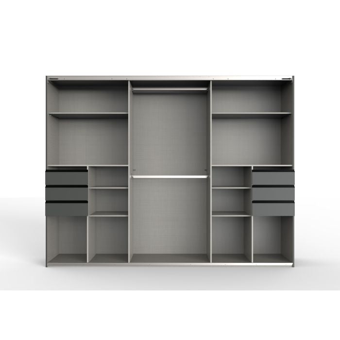 Open SOGO 270cm sliding wardrobe interior with shelves and dark grey drawers, oak finish.