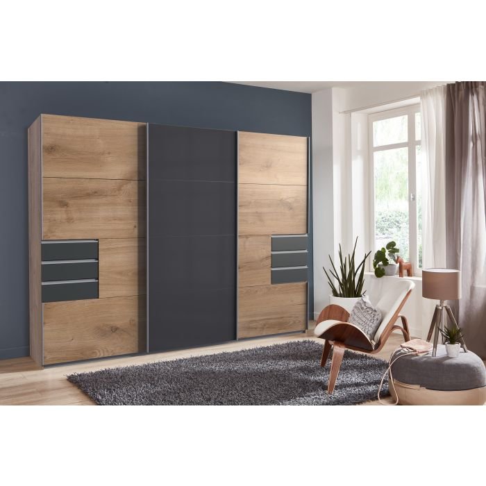 Modern 3-door sliding wardrobe in oak finish with dark grey central panel.