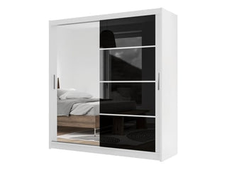 HIGHLAND 2-door sliding wardrobe: mirrored door and black glass door, white frame.