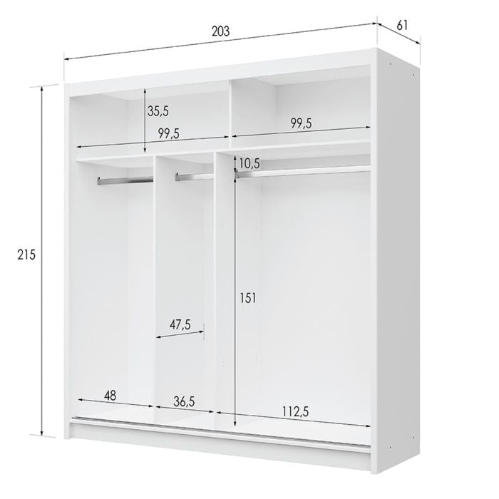 203cm white 2-door sliding wardrobe with mirrored door panel and internal dimensions diagram