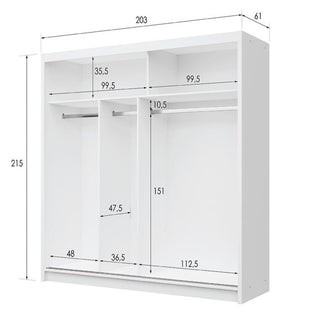 203cm white 2-door sliding wardrobe with mirrored door panel and internal dimensions diagram