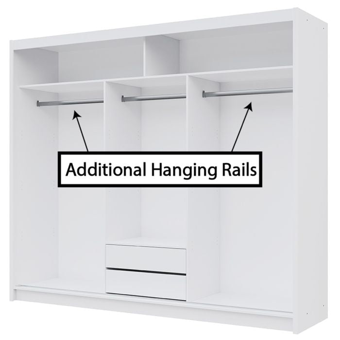 The Sliding Wardrobe - ROTHERHAM 3 Door Wardrobe White 250cm features a high gloss finish, three doors, spacious vertical compartments with extra hanging rails, upper shelves, and two central bottom drawers.