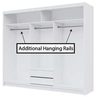 The Sliding Wardrobe - ROTHERHAM 3 Door Wardrobe White 250cm features a high gloss finish, three doors, spacious vertical compartments with extra hanging rails, upper shelves, and two central bottom drawers.