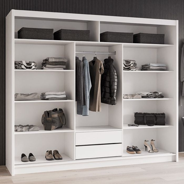 White 3-door sliding wardrobe with mirrored door and internal shelves and drawers