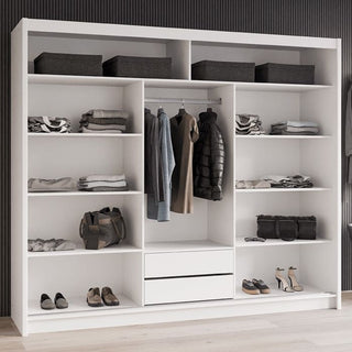 White 3-door sliding wardrobe with mirrored door and internal shelves and drawers