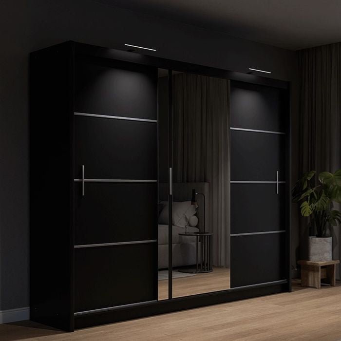 Black 3-door sliding wardrobe with mirrored central door panel