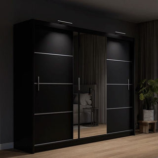 Black 3-door sliding wardrobe with mirrored central door panel