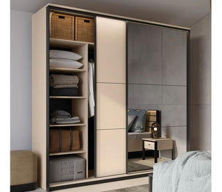 Beige and black sliding wardrobe with mirrored door and visible shelves