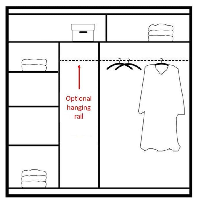 Diagram of the HIGHLAND 2 Door Mirrored Wardrobe White 203cm interior showing shelves with folded clothes, storage boxes above, a hanging section with two hangers and a long garment, plus an optional hanging rail indicated by a red arrow.