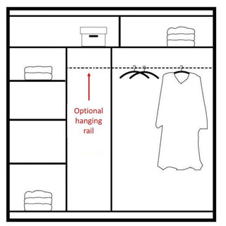 Diagram of the HIGHLAND 2 Door Mirrored Wardrobe White 203cm interior showing shelves with folded clothes, storage boxes above, a hanging section with two hangers and a long garment, plus an optional hanging rail indicated by a red arrow.