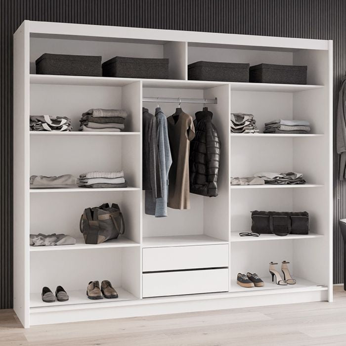 ROTHERHAM 250cm white 3-door sliding wardrobe interior with shelves, hanging rail, drawers, and shoe storage.