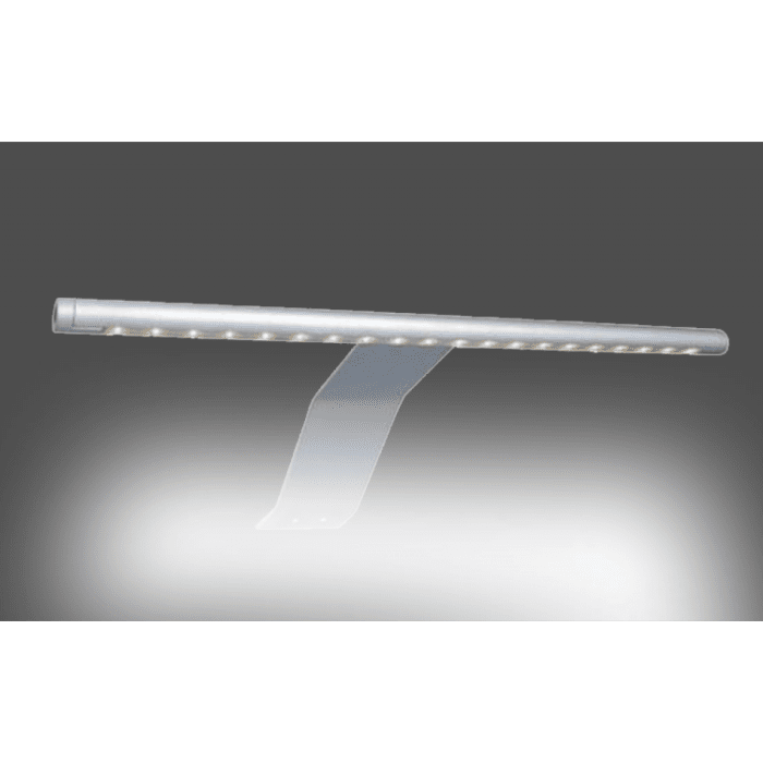 A slim, horizontal LED light bar with small white lights on an angled bracket is ideal for lighting the HAMPSTEAD 2 Door Mirrored Wardrobe White 203cm, shown here against a gradient gray background.