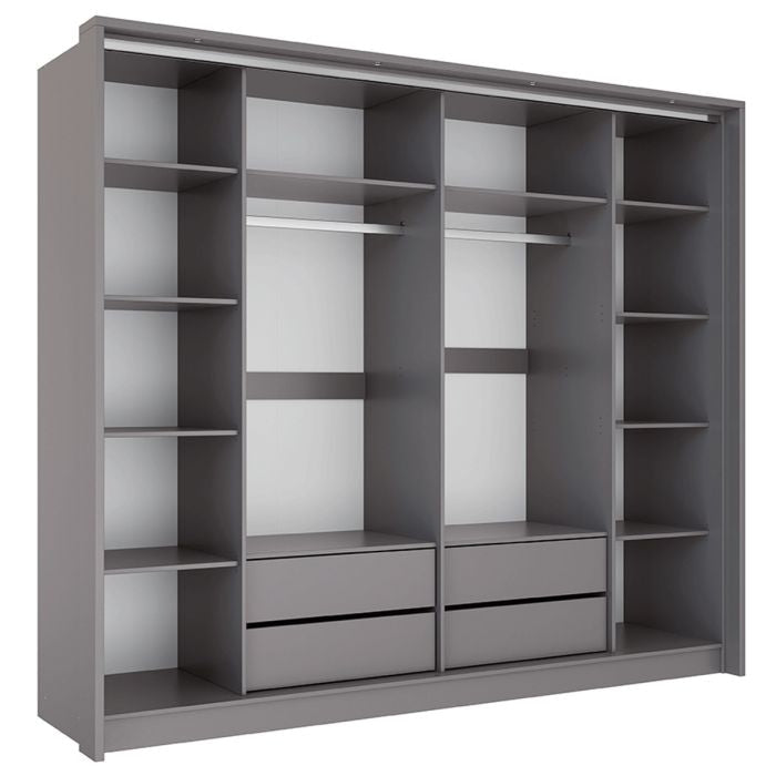 Grey 256cm KIRKLEES 2-door sliding wardrobe with internal shelves, drawers, and hanging rails.