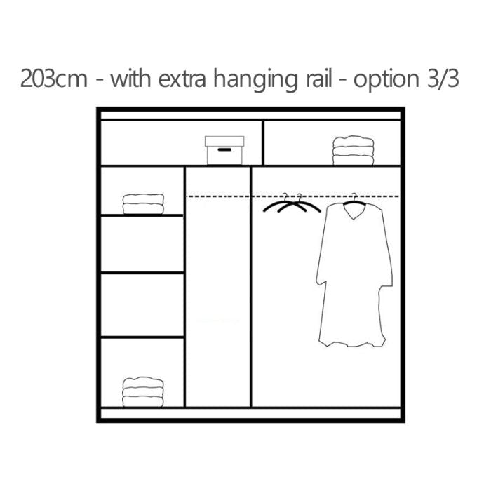 Diagram of 203cm wardrobe internal layout showing shelves and hanging rail