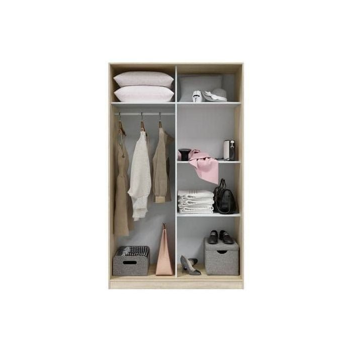 DIRHAM 2 door sliding wardrobe in white and oak effect with hanging rail and shelves
