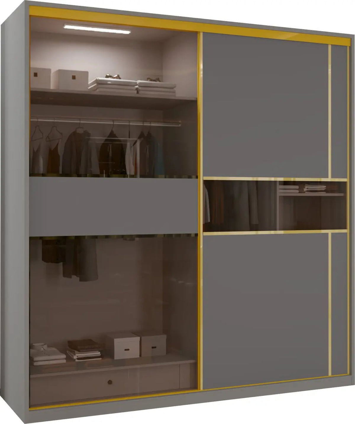 Aurelia 200cm 2-Door Glass-Fronted LED Sliding Wardrobe – Grey & Gold – product image 2