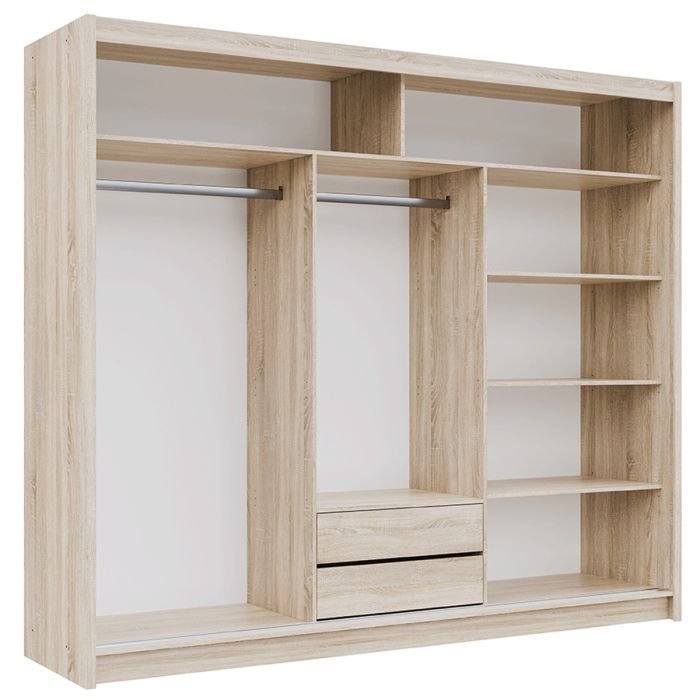 Oak Sonoma 250cm 3 door sliding wardrobe with mirrored door and two drawers