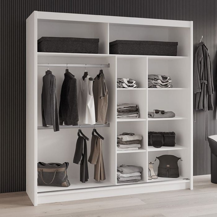 White 2-door sliding wardrobe with internal shelves and hanging rails