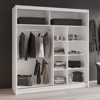 White 2-door sliding wardrobe with internal shelves and hanging rails